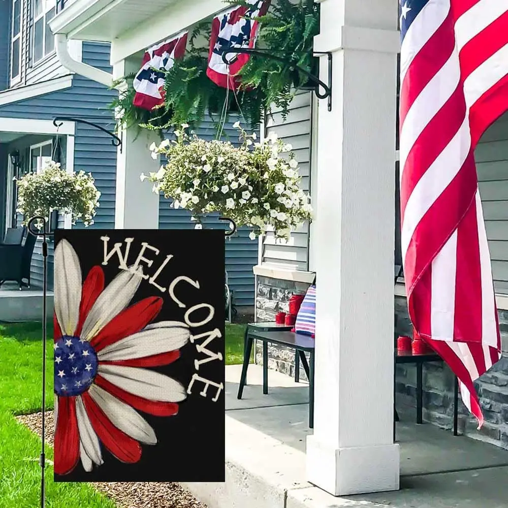 RABUSOFA 4th of July Patriotic Garden Flag 12x18 Inch Double Sided for Outside, Welcome American Daisy Memorial Day Independence