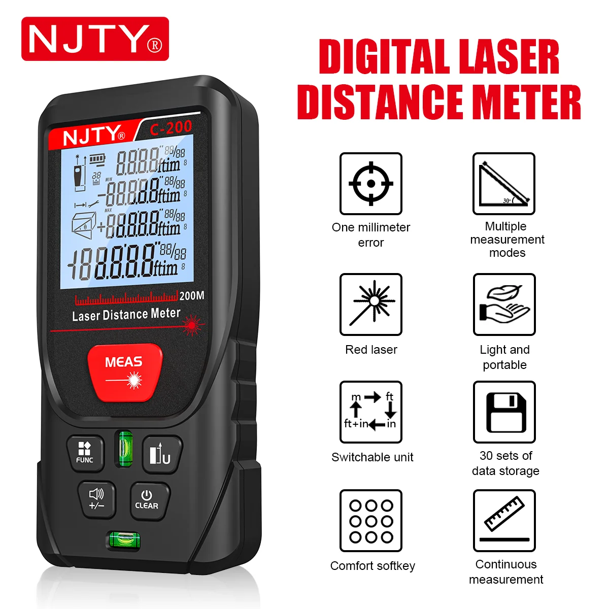 NJTY 50 m 100 m 200 m Lasermessgerät Digitales Handbandmaß ROTER Laser mit tragbarer Tasche Lanyard Datenaufzeichnungen IP54 Entfernungsmesser – Detail 4