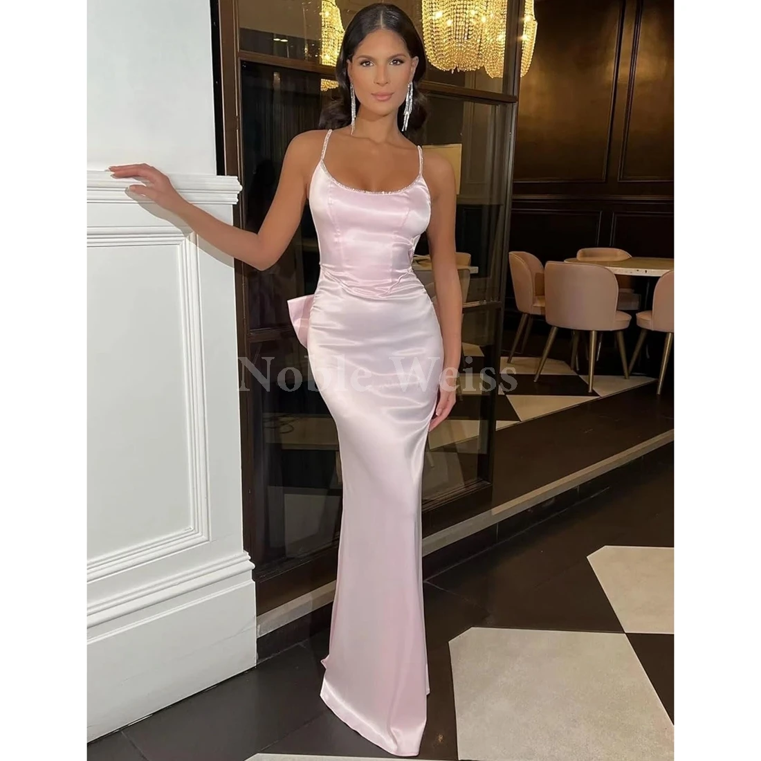 

Women Satin Prom Dress O Neck Mermaid Bow Gowns Long Evening Dress Customize