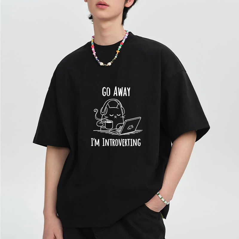 

GO AWAY I'M INTROVERTING Funny Cat printed short sleeve T-shirts Cute Kawaii Cat vintage Casual T shirt Cotton streetwear Tops