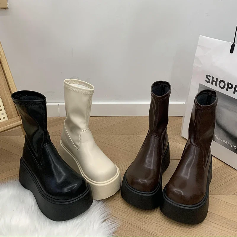 Street Style Winter Platform Women Ankle Boots Fashion Slip On Modern Short Booties Concise Square Heels Shoes