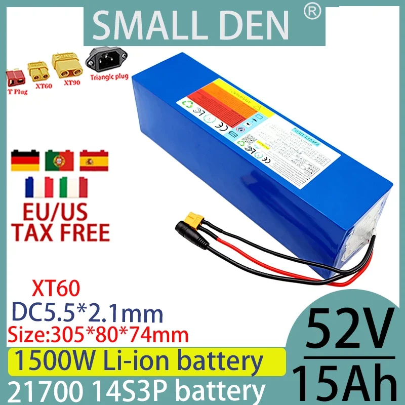 52V 15ah 21700 14S3P lithium-ion battery pack 1500W electric tool battery outdoor backup battery, with 30A BMS+2A 3A 5A charger