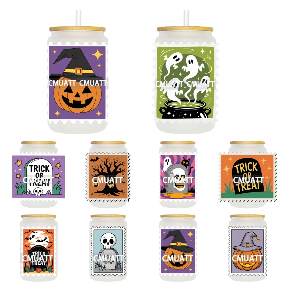 

Halloween Stamps Skull Skeleton UV DTF Decals Ready To Apply Waterproof Transfer Stickers DIY Crafts For 16OZ Libbey Glass Can
