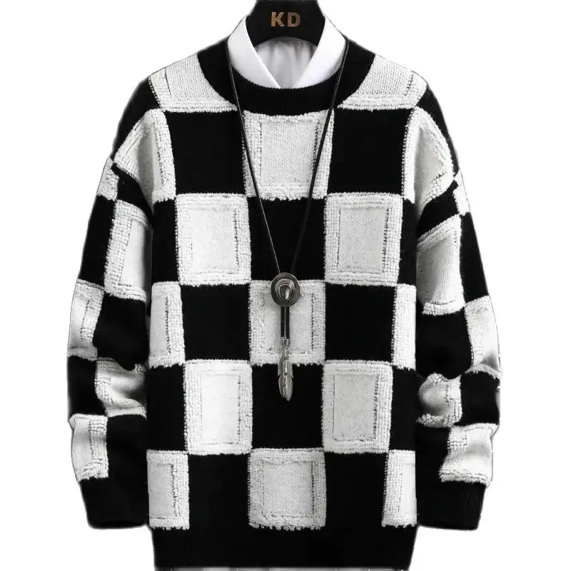 

New Fall Winter Korean Style Mens Pullovers Sweaters High Quality Thick Warm Cashmere Sweater Men Luxury Plaid Pull Homme 2022