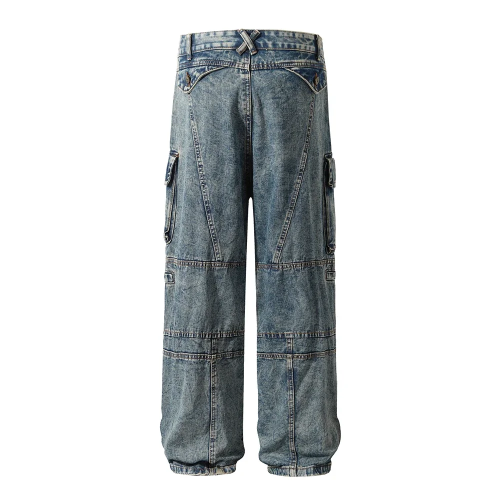 Vintage Multipockets Washed Blue Baggy Mens jeans Straight High Streeet Pleated Loose Cargo Pants Oversize Unisex Denim Trousers