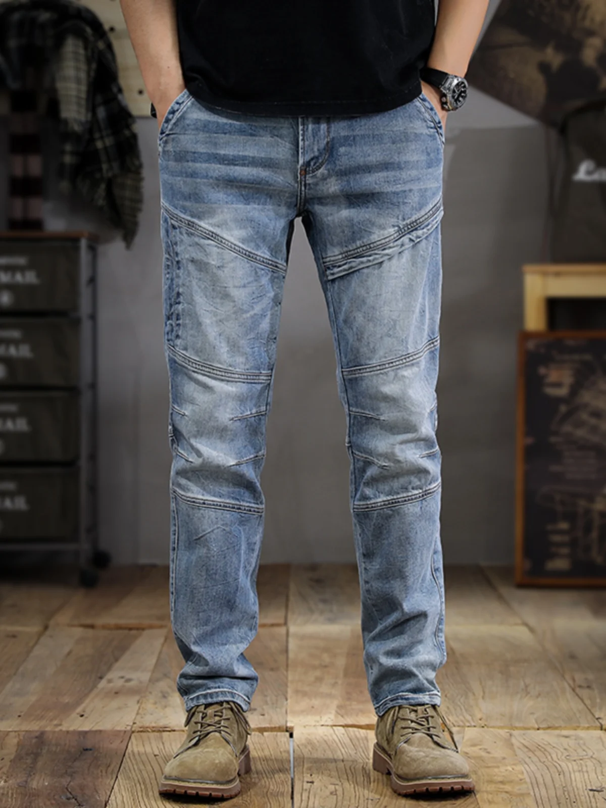 

High-End Patchwork Motorcycle Jeans Men's Trendy Slim Straight Casual Ankle-Length Pants Spring Autumn Sle Cotton Stretch D...