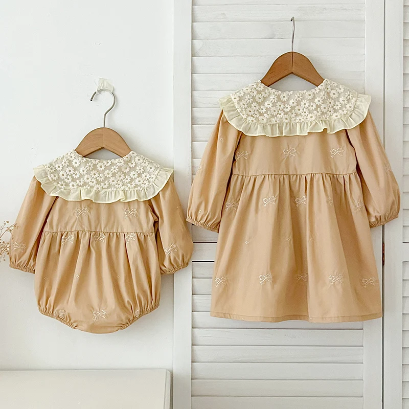 Family Sister Dress Embroidered Bow Outfits Newborn Girls Bodysuits Cotton Lace Collar Infant Baby Girls Dress Jumpsuit Outfits