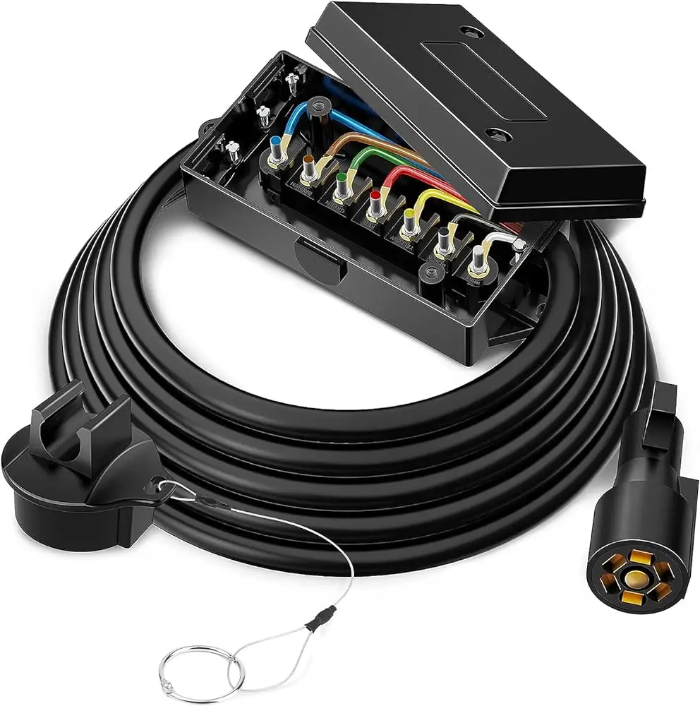 MICTUNING 8 Feet 7 Way Plug Inline Trailer Cord,Heavy Duty Trailer Wiring Harness Kit with Double Prongs Connector for Truck RV
