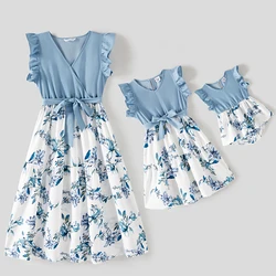 PatPat Mommy and Me Floral Print Spliced Solid V Neck Ruffle Trim Sleeveless Dresses