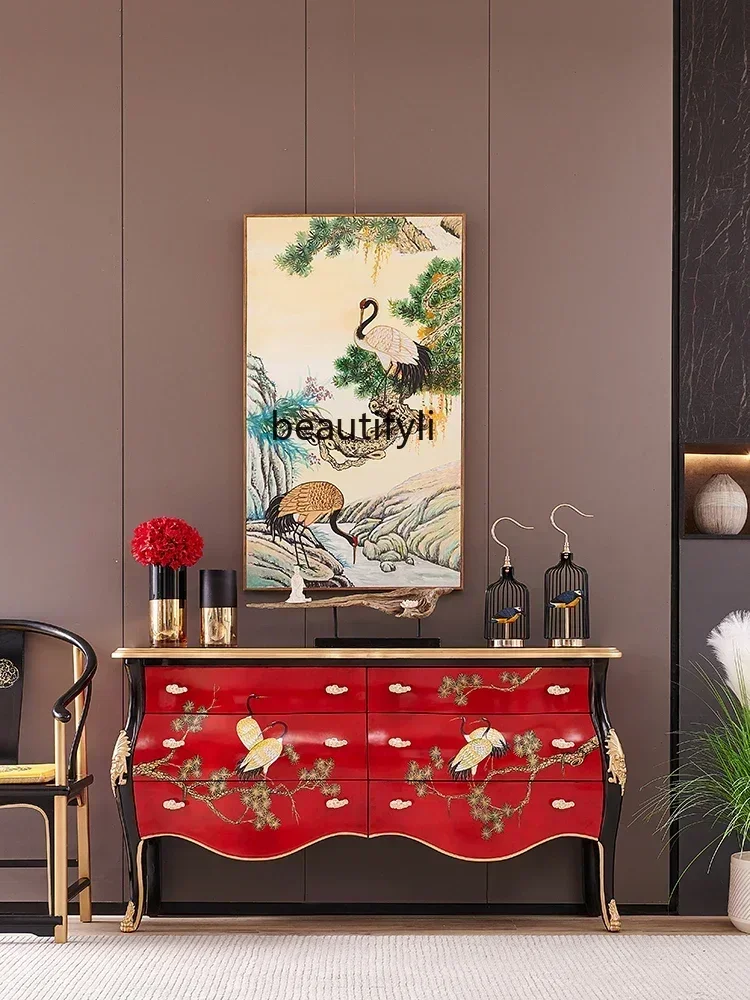 

zxS Retro Chinese Style Hand-Painted Solid Wood French Style Living Room Entrance Hallway Decorative Door Hall Side Cabinet