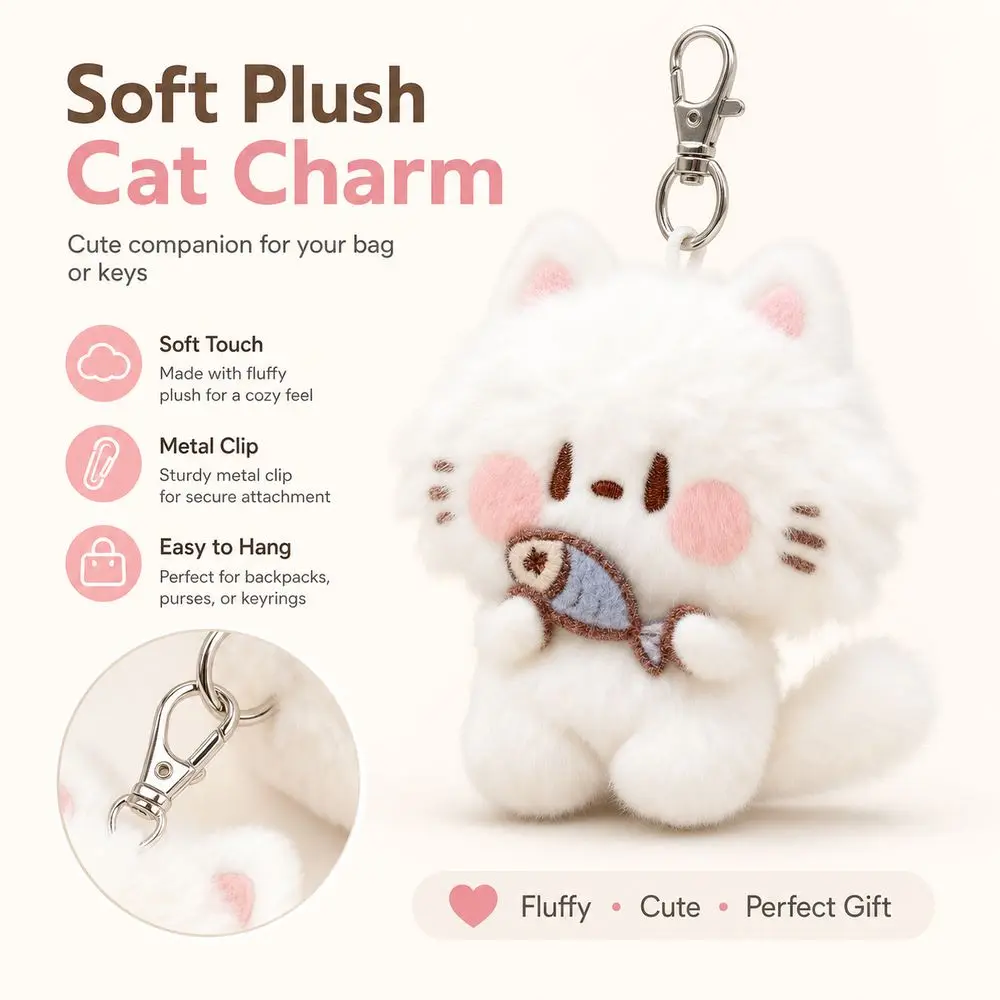 Cute Soft Touch Cat Keychain Cartoon Cat Hanging Cat Bag Charm Metal Clip Stuffed Cat Pendant Backpack Decoration