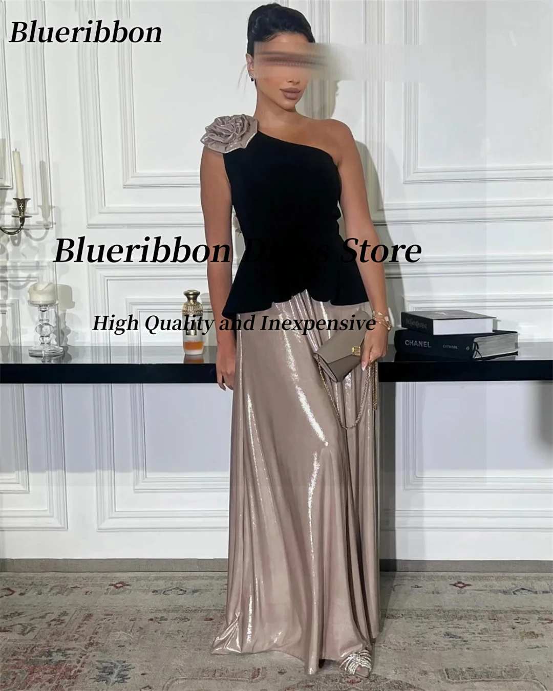 Blueribbon Bespoke Prom Dresses Contrast Color Flower One Shoulder Evening Gowns Long Ruched Wedding Party Dress Saudi Arabia