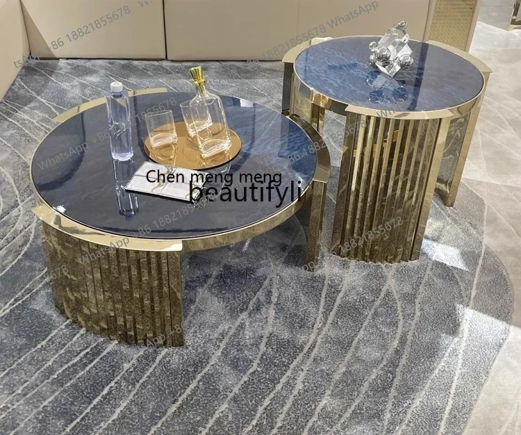 

178Italian light luxury stainless steel tea table living room luxury round coffee table combination post-modern blue tea table29