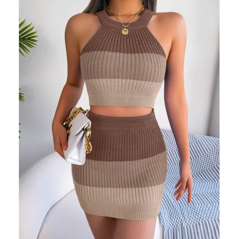 Sexy Knitted Off Shoulder Crop Top Skirt Two Piece Set 2024 Summer Fashion Gradient Colored Top Wrapped Hip Skirt 2PCS Outfits