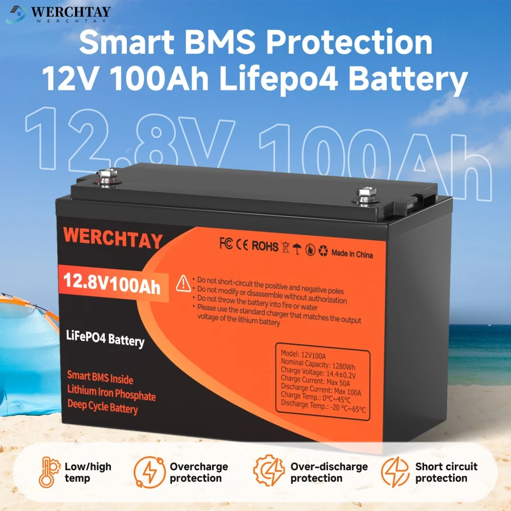 

WERCHTAY 12V 100Ah LiFePO4 Battery 100A BMS 25000+ Rechargeable Cycles Lightweight for RV Boat Solar System