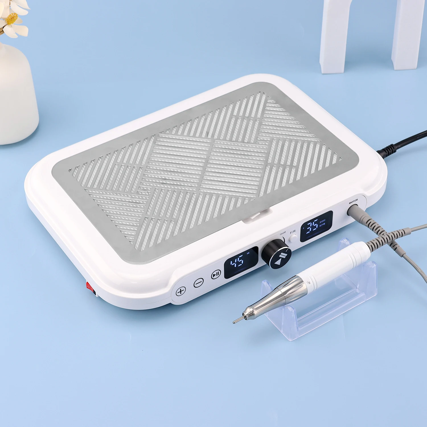 2-IN-1 Nail Dust Collector Machine 4500RPM 2 Fans Vacuum Cleaner with Coreless Handpiece Nail Suction Removable Filter Screen