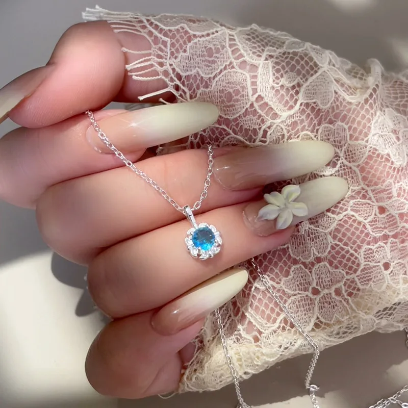 925 فضة الأزرق الزركون كريستال زهرة قلادة قلادة للنساء المختنق سلسلة الزفاف حفلة خطوبة مجوهرات هدية #4