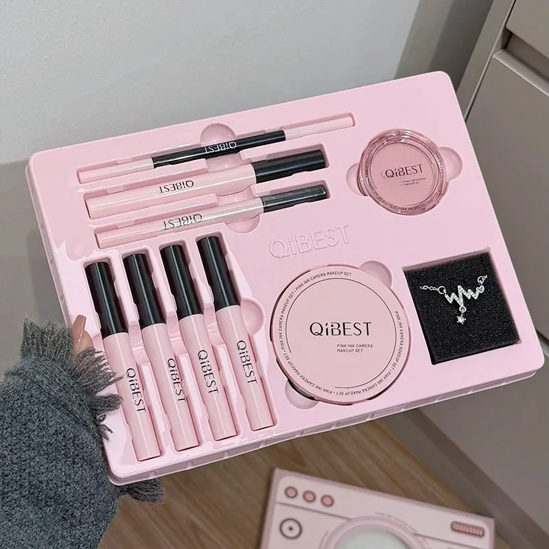 QIBEST Multipurpose Makeup Set Include 4PC Lip Mud,1 Pressed Powder,1 Blush,1 Eyeliner,1 Mascara,1 Eyebrow Pencil Cosmetics Gift