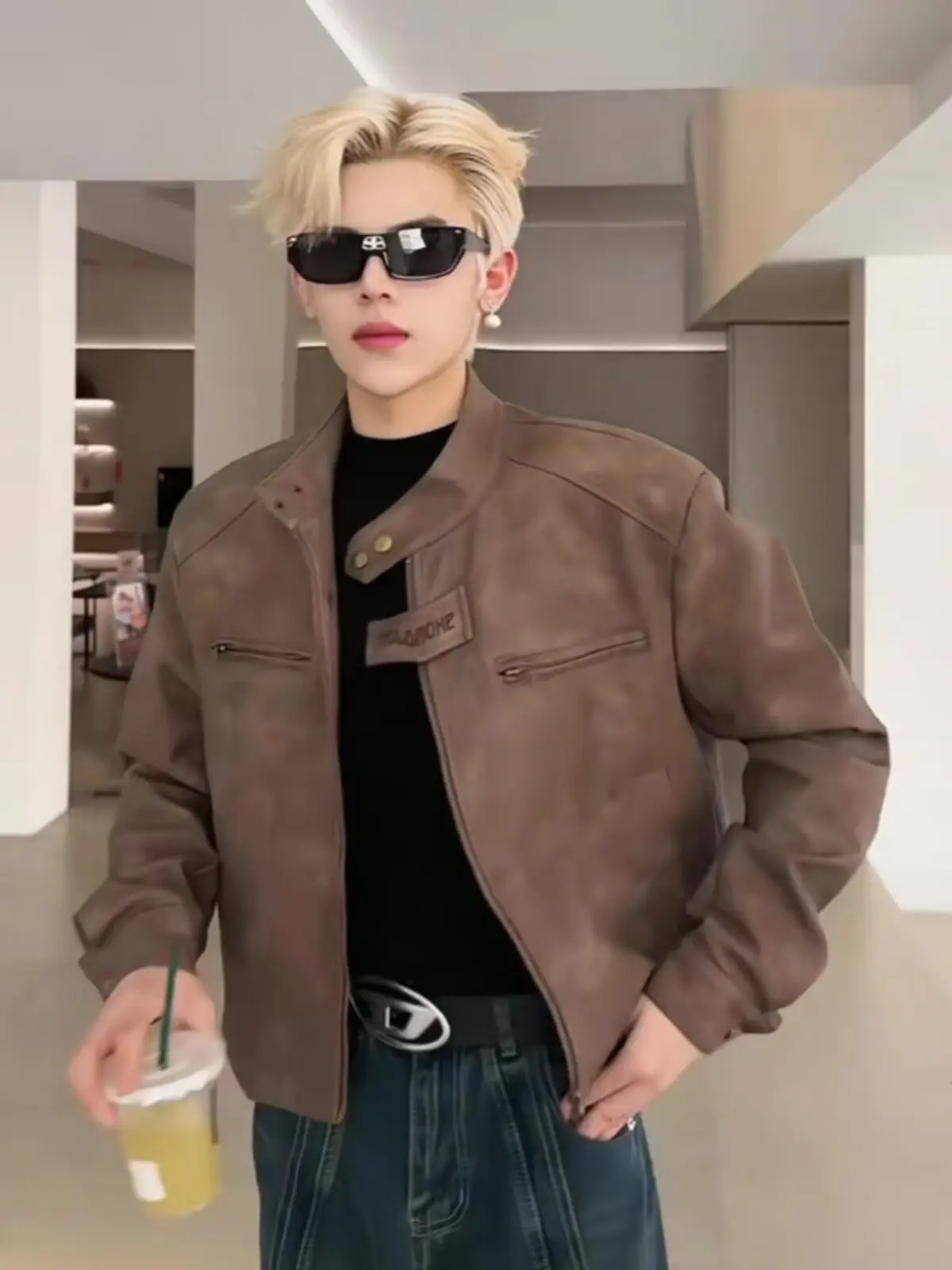 

Spring Autumn Vintage Brown Short Jacket Stand Collar Outerwear Coat Men's jacket Retro High Street Motorcycle Jacket Fashion