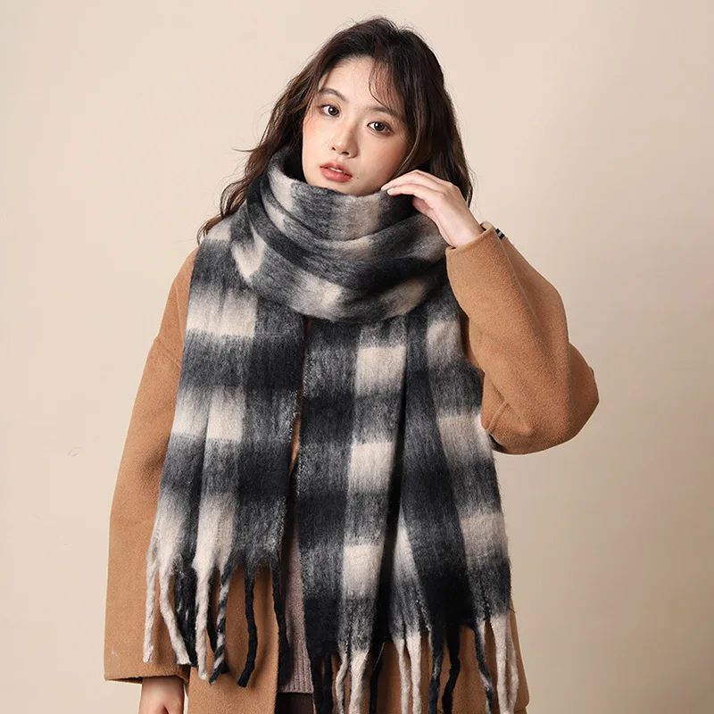 Plaid Large Scarf Womens Winter Warm Windproof Thickened Mohair Fringed Velvet Scarf Style Versatile Shawl Men Soft Cozy