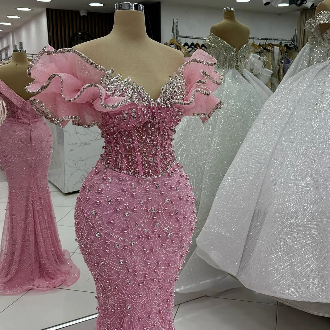 Abito da sera con perline rosa monospalla design onda di cristallo pieghe abito a sirena occasioni formali come banchetti palle