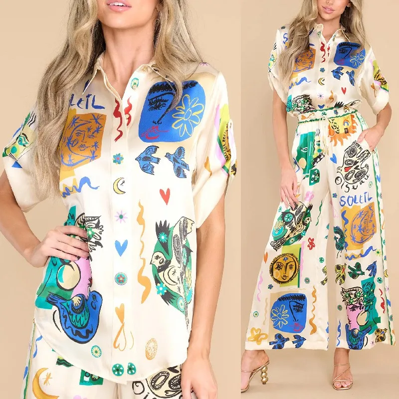 Summer Women\'s Fashion Graffiti Print Satin Short Sleeved Lapel Shirt High Waist Pocket Long Pants Casual Two-piece Set Femme