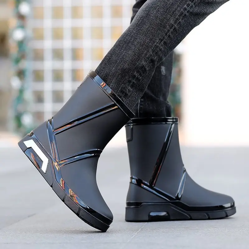 

Platform Sole Mid-Calf Fleece-lined Men's Rain Boots Non-slip 2025 Work Wellies Galoshes for City New Warm Waterproof Male Shoes