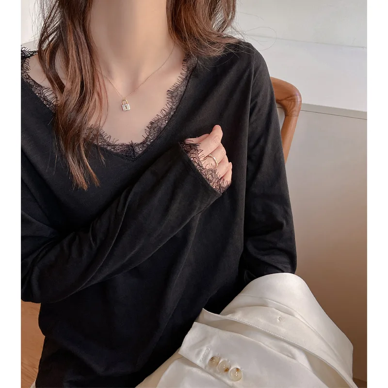 Vrouwen T-shirts Zwarte Kleur Volledige Mouw Sexy V-hals Kant Katoen Basislaag Tops Losse Dunne Vrouwelijke Blouse C6011