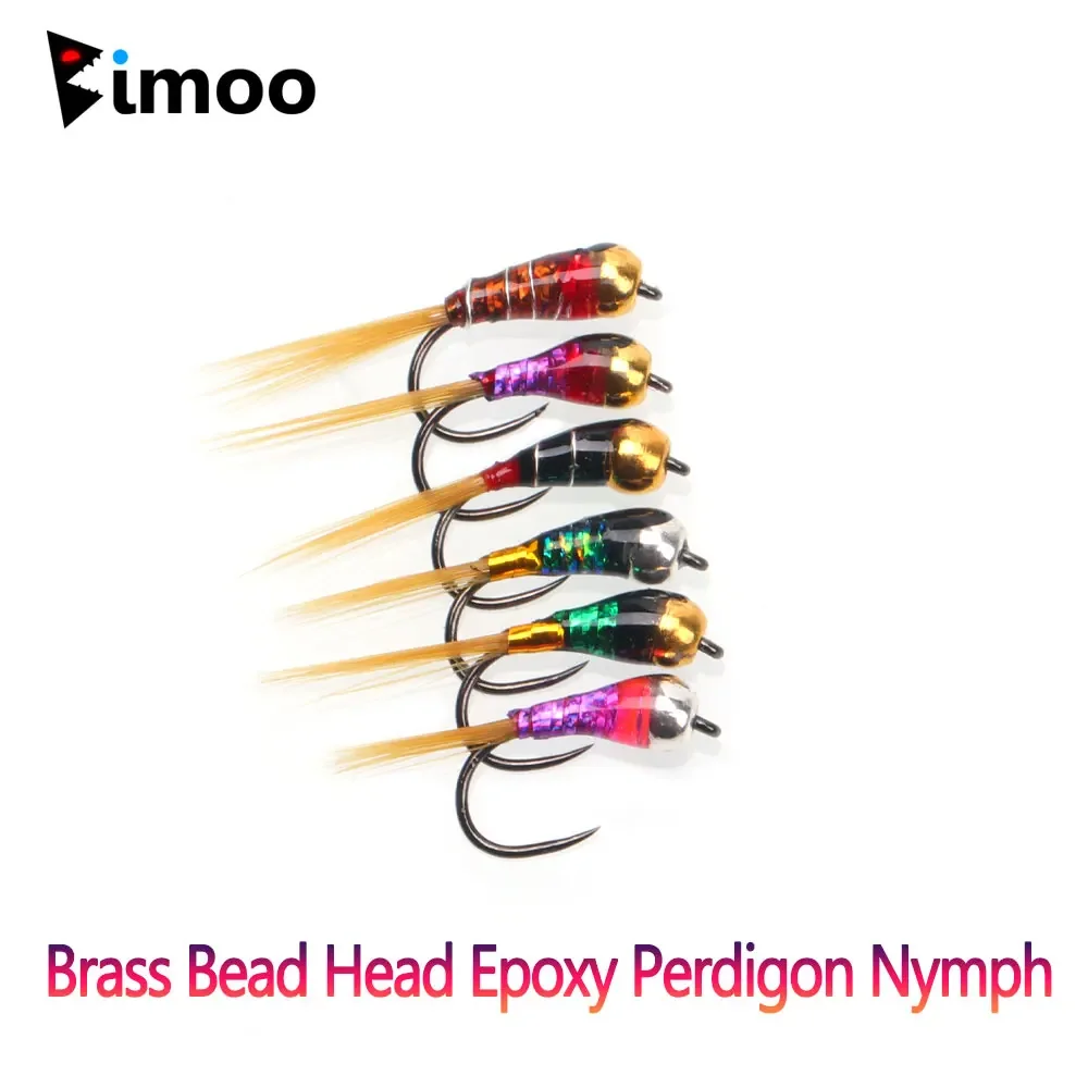 Bimoo 6pcs #18 Brass Bead Head Epoxy Perdigon Nymph Barbless Czech Nymphs Fast Sink Wet Euro Nymph Fly Trout Fishing Lures Baits