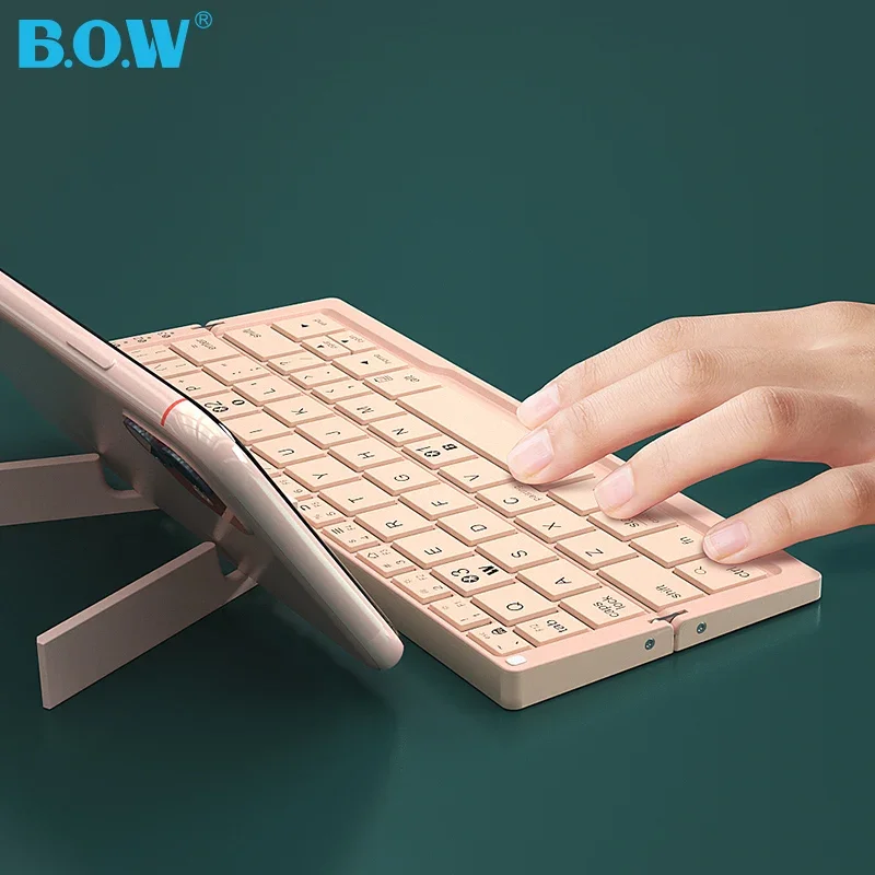 BOW mini portable ultra slim 60 keys wireless BT folding keyboard compatible with hidden bracket for phone