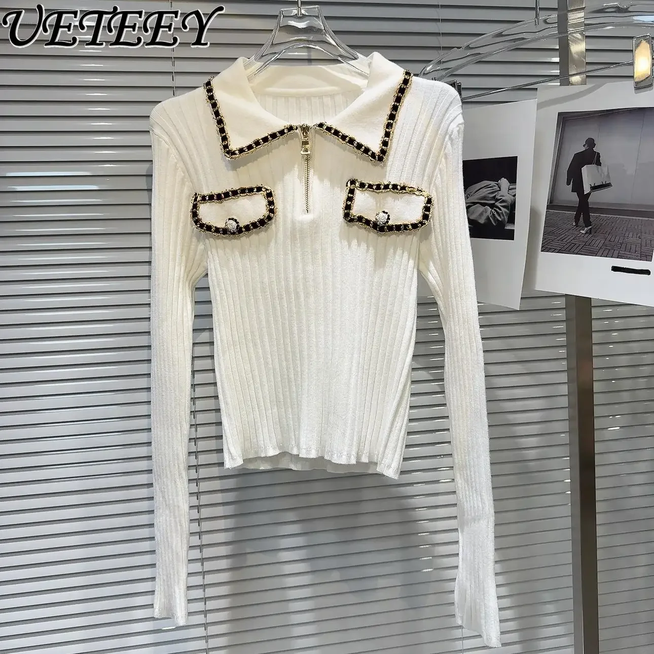 Autumn and Winter New Temperament Metal Chain Woven Edge Lapel Design Knitted Pullover Fashionable Girls Versatile Slim Sweater