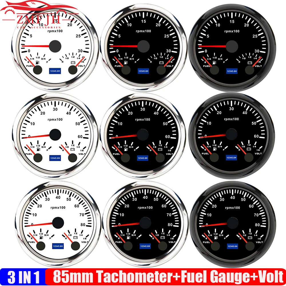 Auto Car 85mm Gauge 3-in-1 Tachometer Fuel Level Gauge Voltmeter 7 Color BackLight Pointer Multi Meter for Boat Yacht 12V Custom