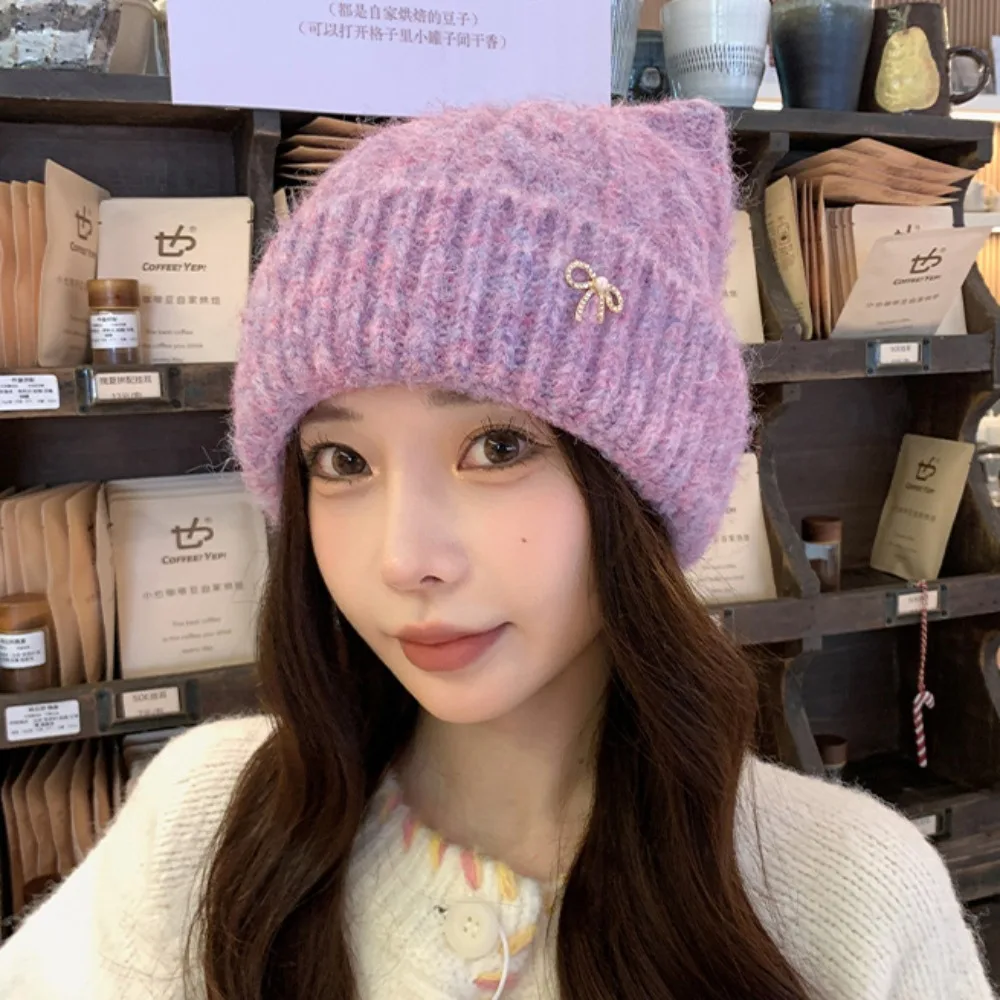 

Casual Solid Color Cat Ears Pullover Hat Warm Bow Woolen Knitted Hat Y2k Japanese Style Women Beanie Hat Ladies