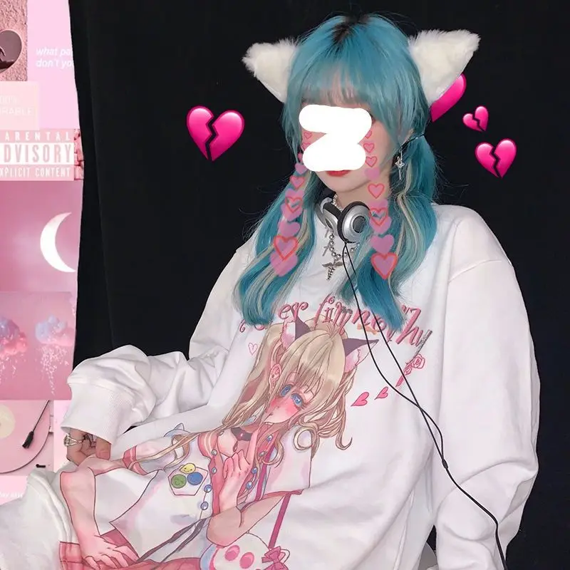 Kawaii Y2k dziewczęcy Anime z długim rękawem biały Top w japońskim stylu Harajuku słodka, modna bluza z kapturem z lat 2000. Estetyczna casualowe w stylu Streetwear kobiet 2k