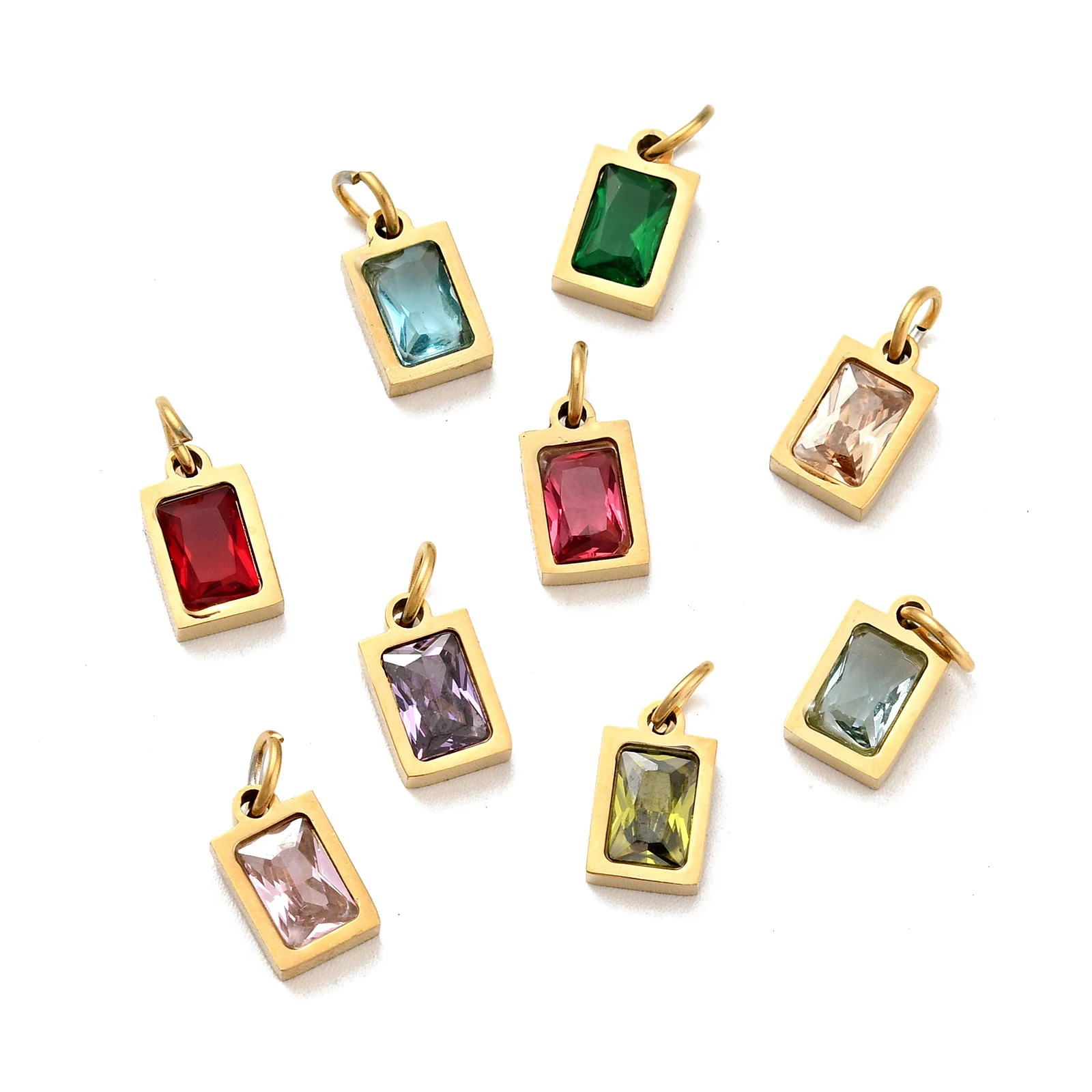 20pcs Mini 304 Stainless Steel Pendants Charms with Cubic Zirconia Jump Ring Square Heart Oval for DIY Bracelet Keychain Jewelry