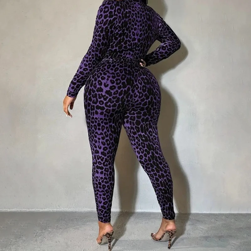 Women's Purple Leopard Printed Long SleeTve Letter Print Crop Top+High Waist Pencil Pants 2 Pcs Set Club Outfits Woman 2026
