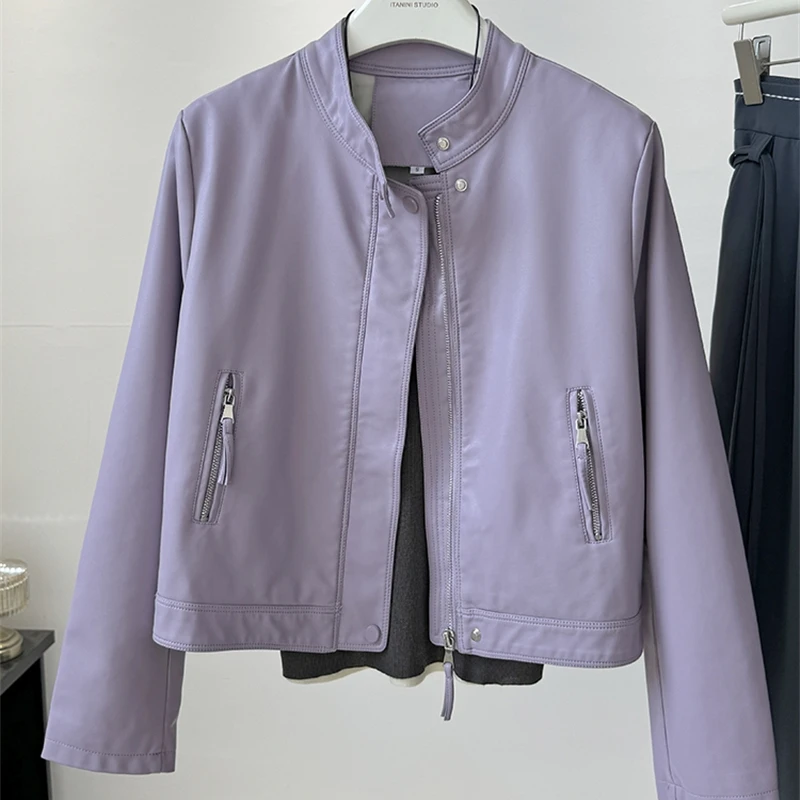 Chaqueta de cuero corta para mujer, chaqueta informal de cuero PU con cuello levantado y temperamento, chaquetas de motocicleta sólidas para primavera 2025