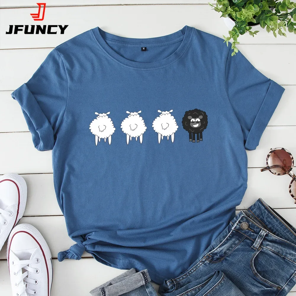2024 Letnie koszulki damskie Sheep Graphic T Shirts Koszulki z krótkim rękawem T-Shirt damski Topy Oversize Bawełniana koszulka Odzież damska