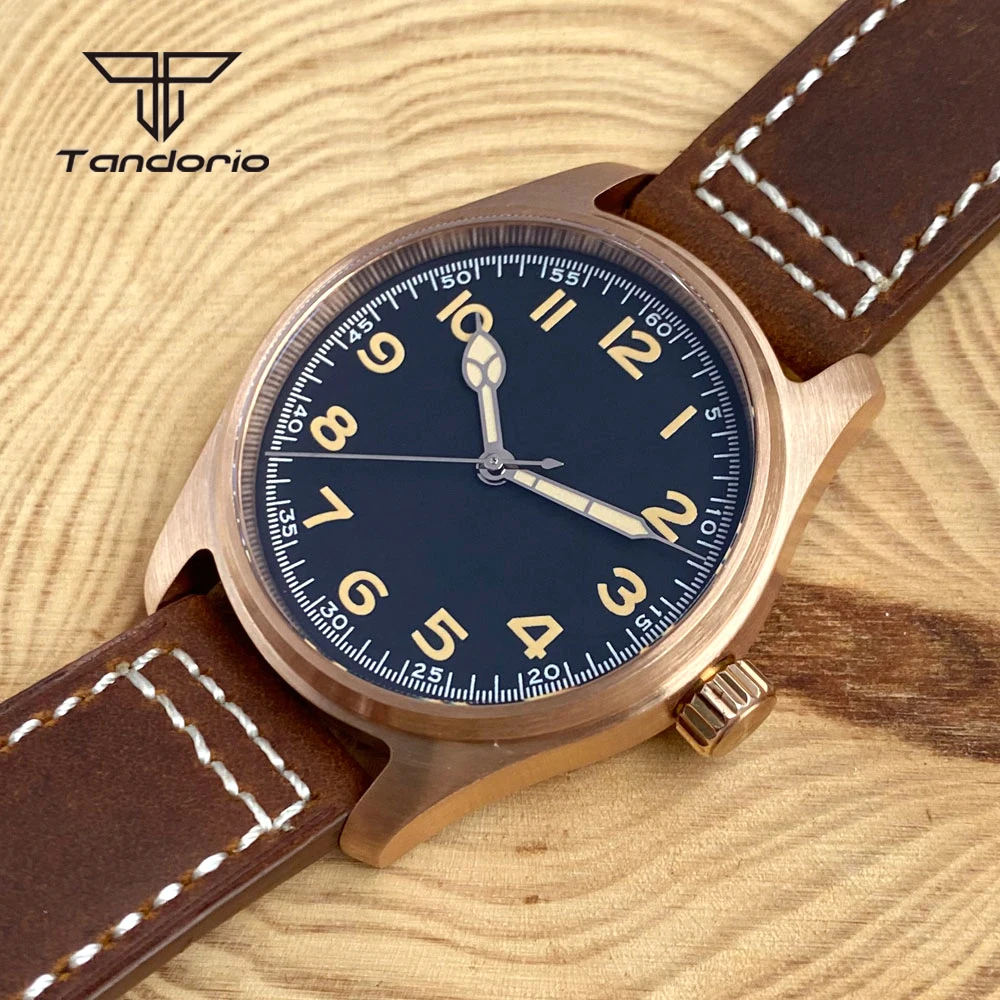 Tandorio Mechanical Real Bronze Cusn8 39mm Pilot Diving 20ATM Automatic Watch for Men AR Sapphire Crystal NH35A PT5000 Luminous