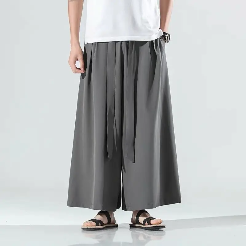 

Men Robe Skirts Pants Summer Thin Soft Cozy Pantalon Male Loose Wide Leg Sundress Streetwear Leisure Vintage Drawstring Trousers