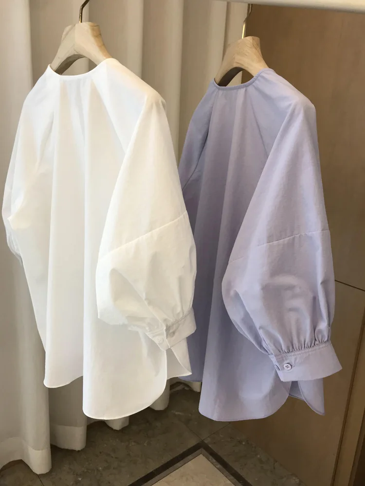 Camicia ampia a maniche lunghe con scollo tondo tinta unita casual da donna primaverile ed estiva
