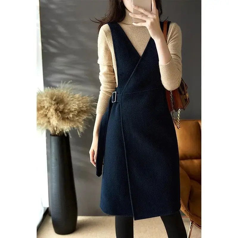 Vestido com colete de lã sem mangas feminino, design vintage, vestido com alça sentido, cintura alta, fino, outono, inverno, novo