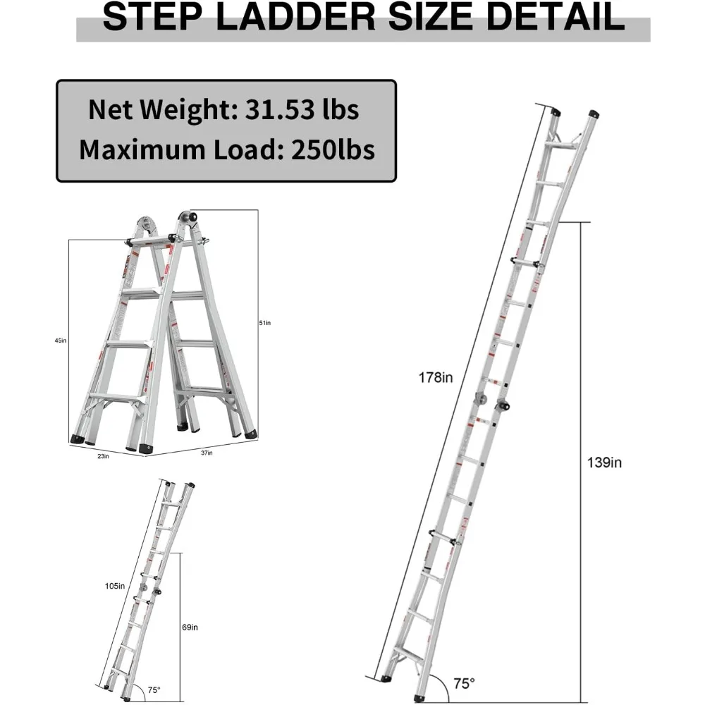 سلم تمديد من الألومنيوم 5 في 1، 17 قدم متعدد المواضع قابل للطي مع خطوات واسعة مضادة للانزلاق وأقفال مفصلية آمنة للمنزل Impr #3