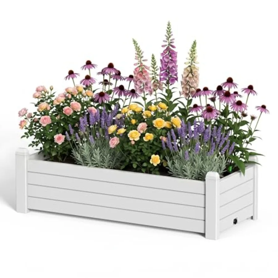 White Resin Raised Garden Bed For Herbs, Veggies, Flowersergonomic Elevated Planter With Support Rod And Built-in Drainage, Dur