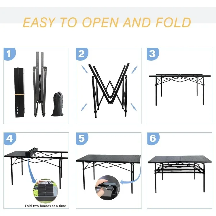 تصميم مبتكر طاولة تخييم كبيرة قابلة للطي من الألومنيوم مع مساحة تخزين تتسع لـ 4-6 أشخاص 54 بوصة × 27.5 بوصة قابلة للطي