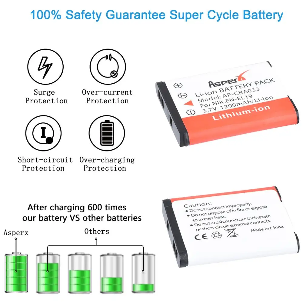 1200mAh NP-BJ1 EN EL19 Battery + Charger for Nikon EN-EL19 Coolpix 3700 S5200 S3100 S2800 S3400 S6600 W100 S2600 S2700 S3500