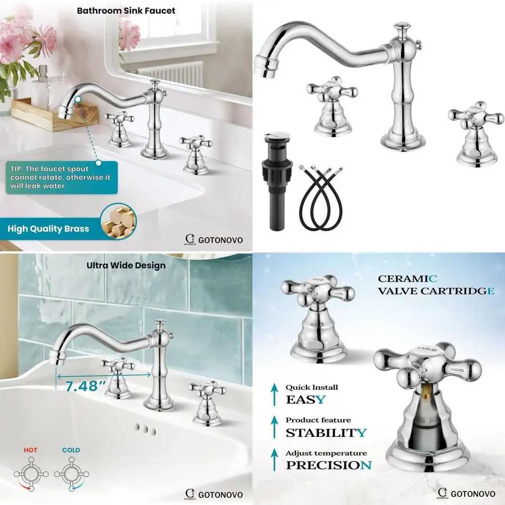 

8 Widespread Vintage Style 3-Hole Bathroom Sink Faucet with 2 Cross Handles, Pop-Up Drain, Hot/Cold Mixer, Polished Chrome