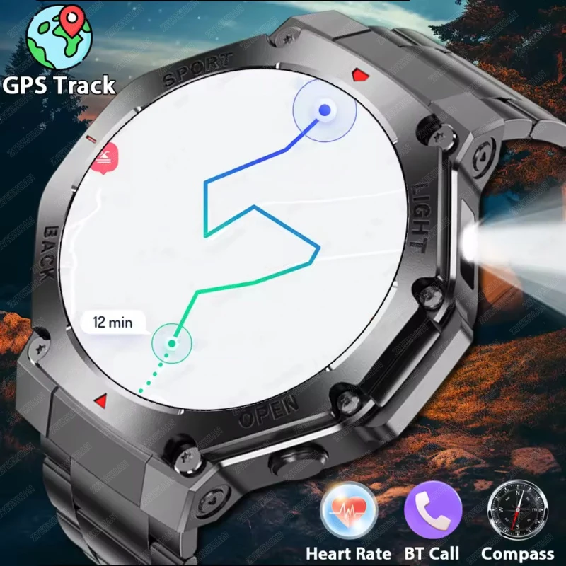 New Military outdoor Outdoor Sport Smart Watch Men GPS Fitness Compass LED Flashlight IP67 Waterproof BT Call Smartwatch 2025