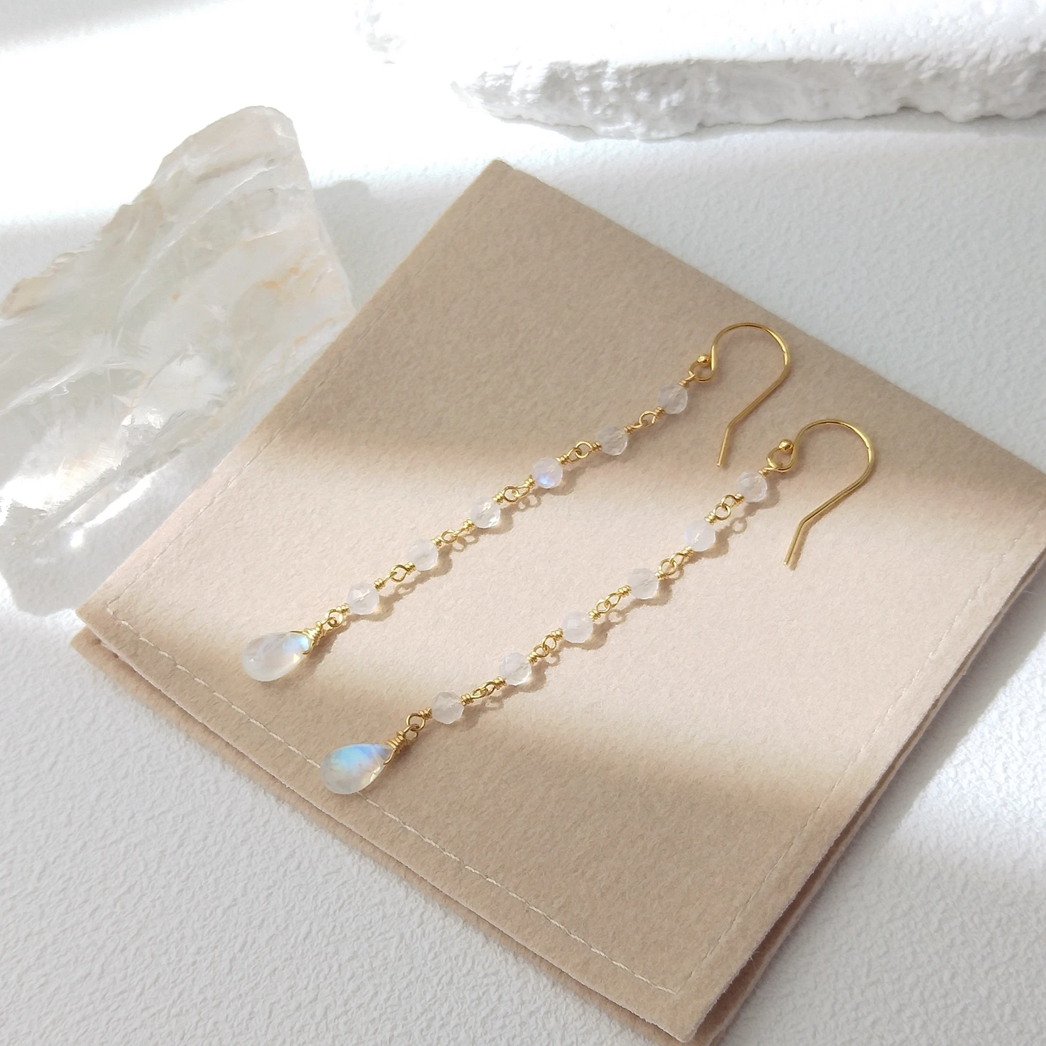 Lii Ji Natural Moonstone Beads American 14K Gold Filled Dangle Earrings Handmade Jewelry
