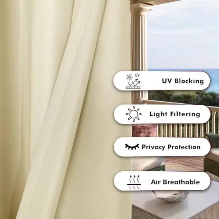 Thick Waterproof Outdoor Curtains with Grommets Modern Style Weatherproof Privacy Shades for Patio Pergola No Punching Required